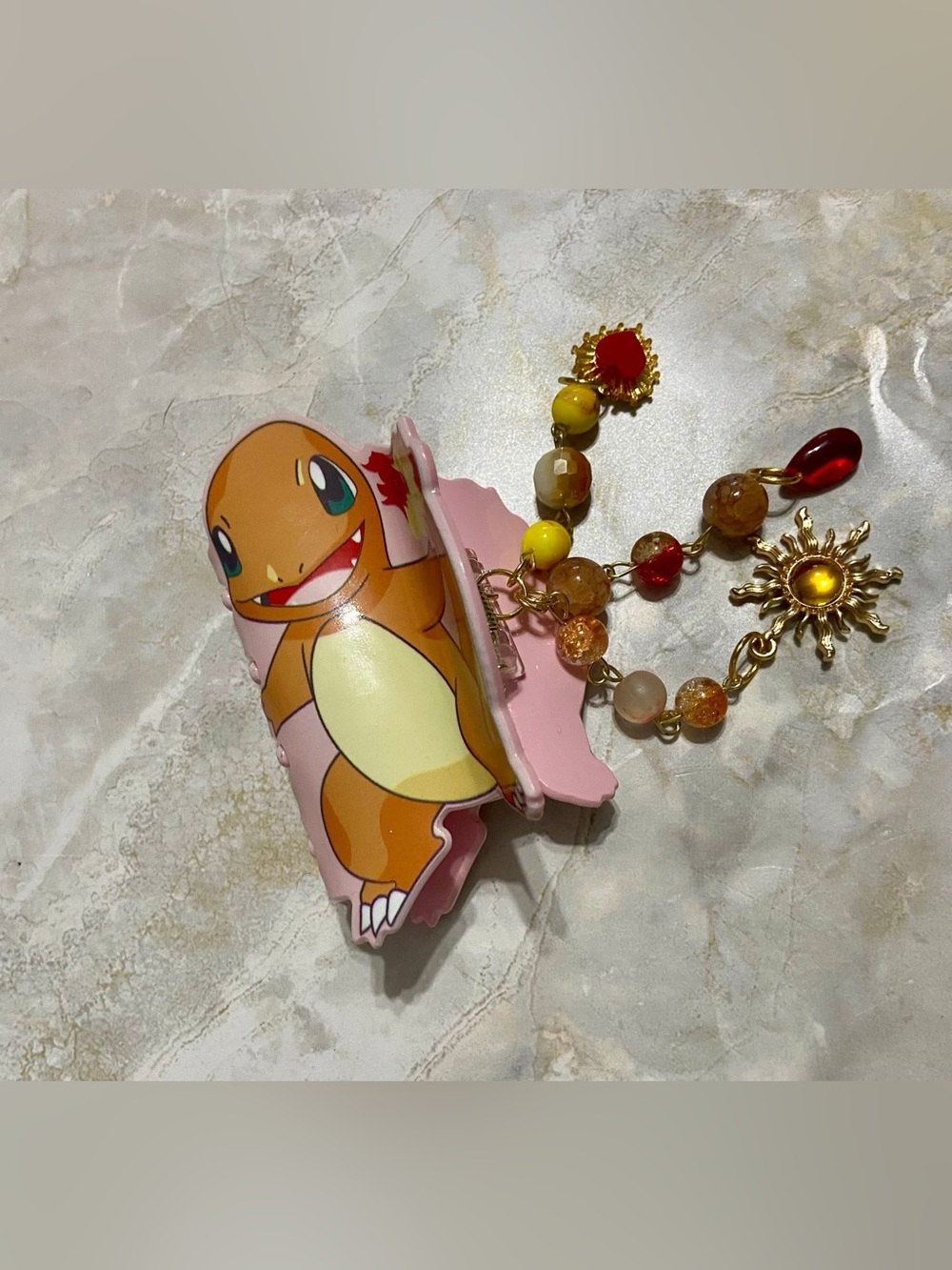 Pokemon Pink Charmander Hair Clip with Sun and Bead Charms